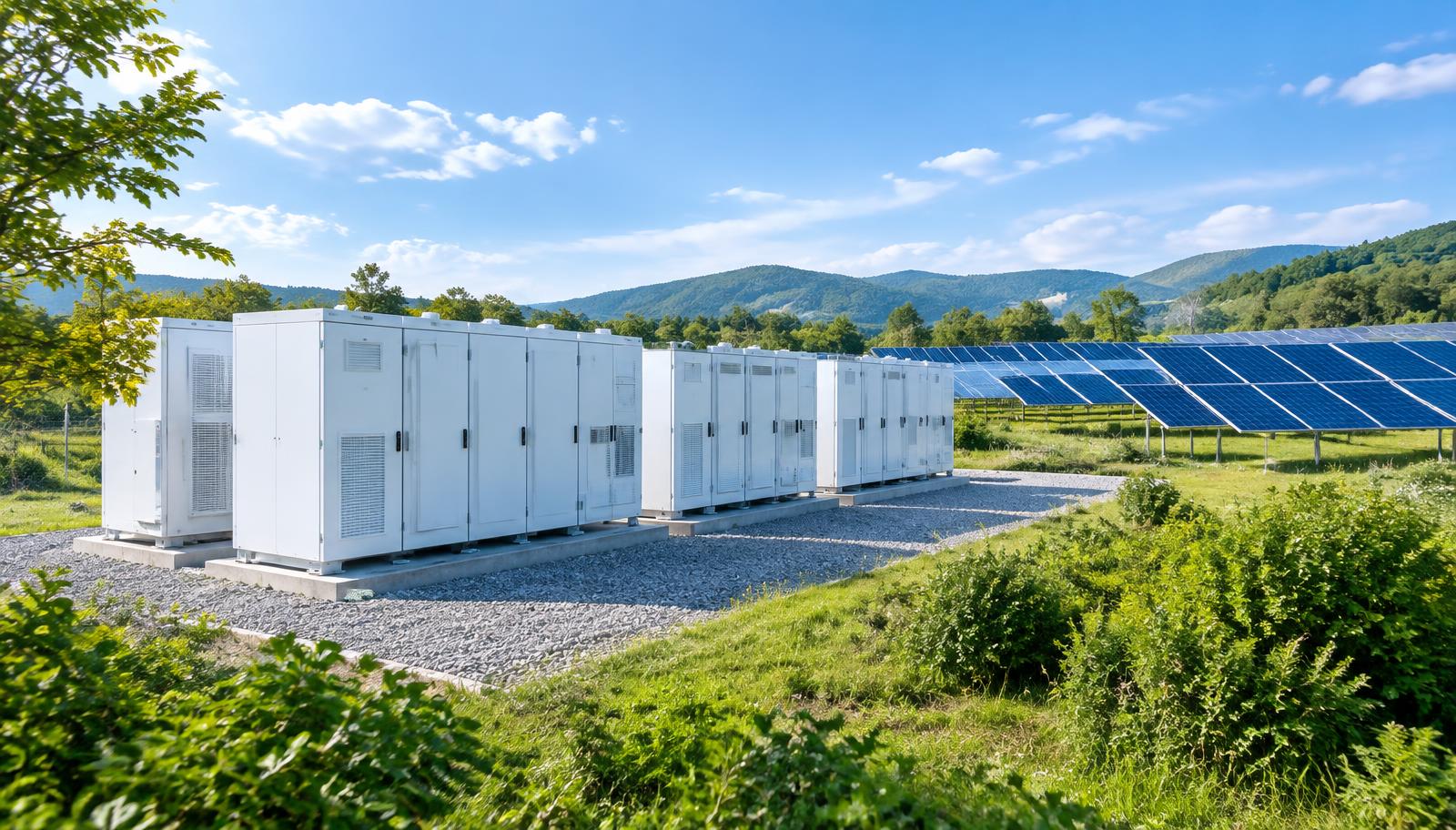 Gabinetes de baterías BESS junto a paneles solares