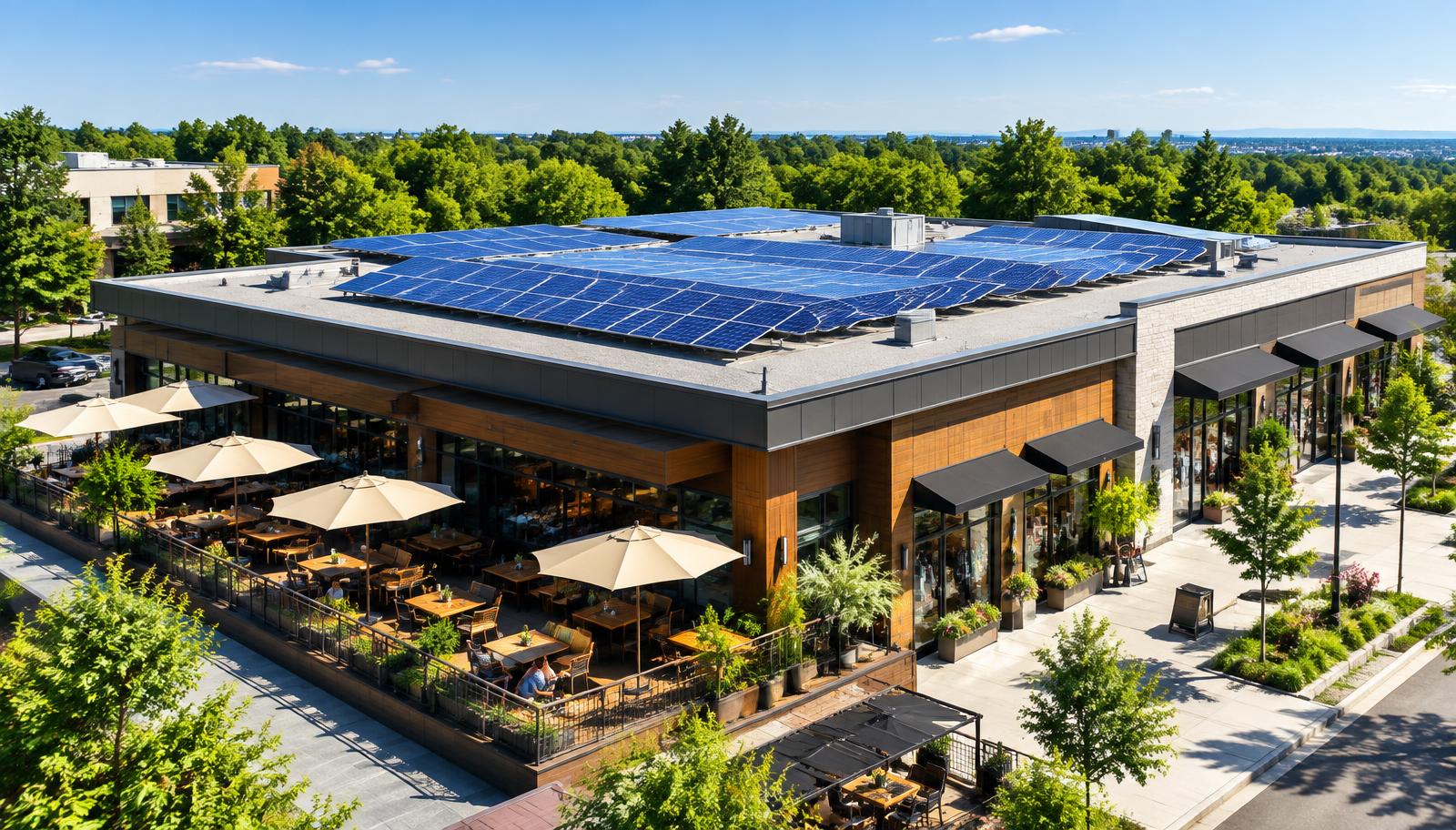 Negocio comercial con paneles solares en su techo