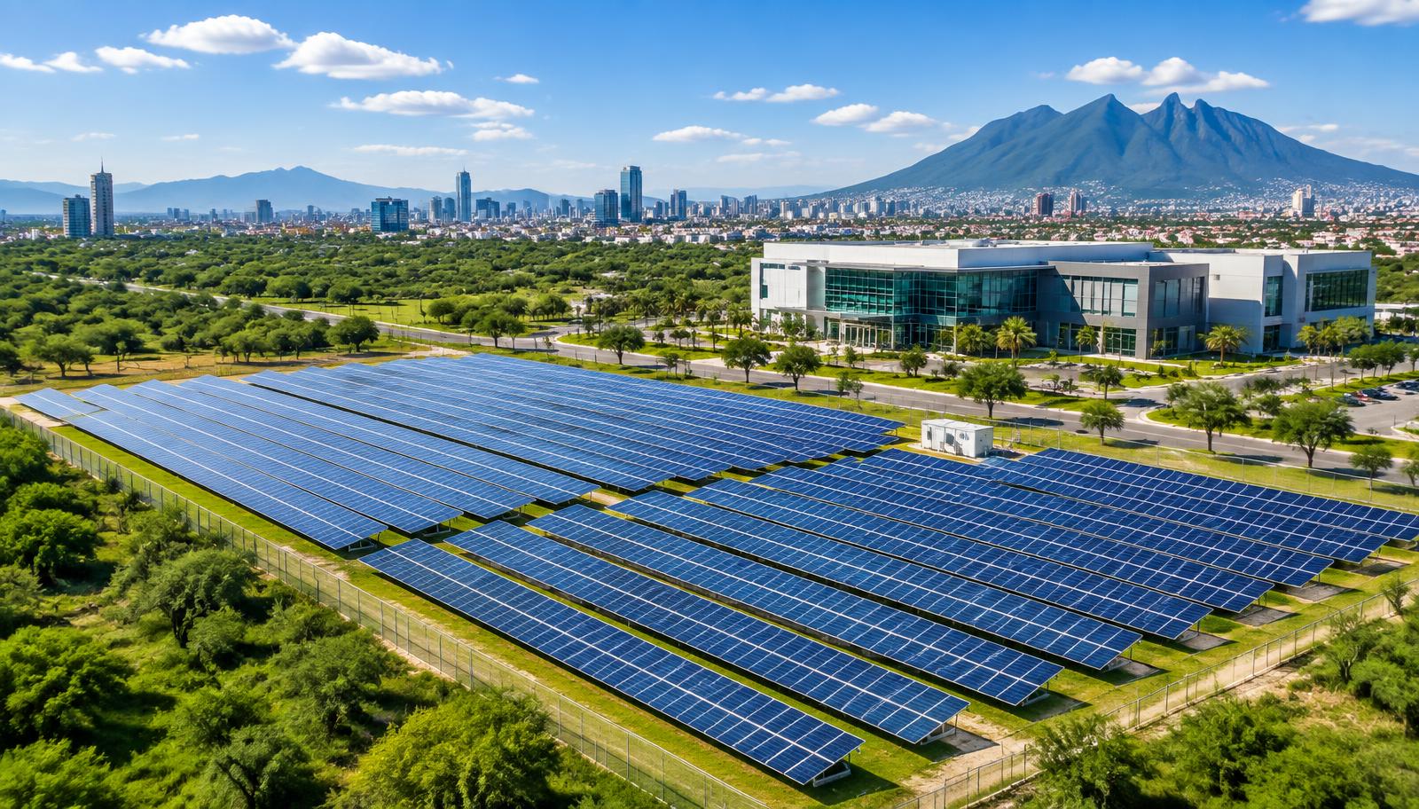 Parque solar con edificio corporativo al fondo