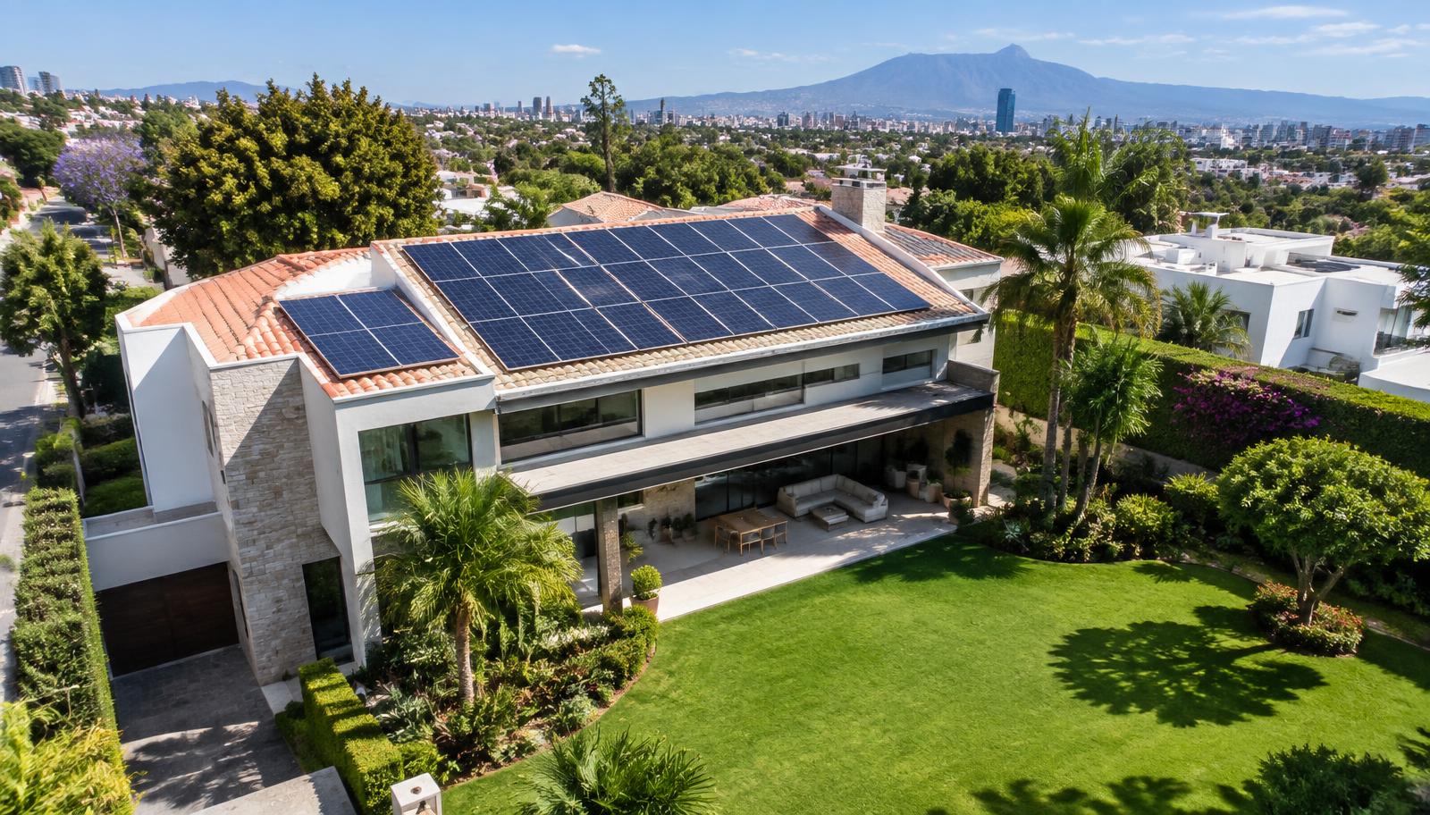Casa residencial con paneles solares y jardín