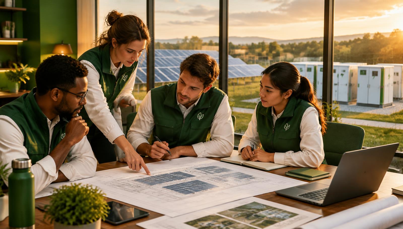 Equipo de ingeniería energética de Canje Verde revisando proyectos solares